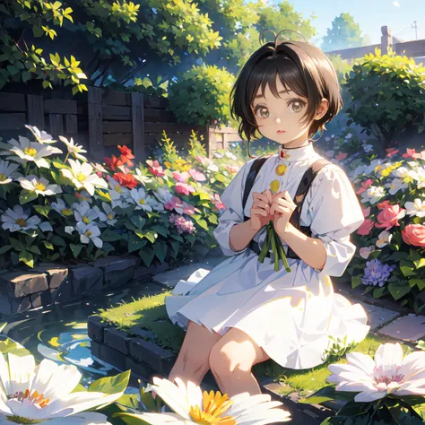  masterpiece,  absurd,  perfect face, Alone cute expression,  perfect face, Ponsuke P  ,  1 girl, Alone, Black Hair , Dark brown eyes , Bright Eyes, Cleft lip, , cute, garden, day, flower.