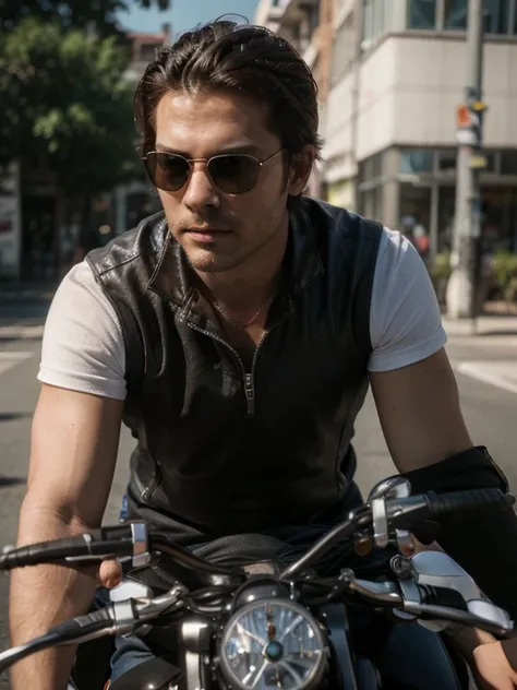 Handsome dark-haired man, (well shaved, no beard), wears Rayban Aviator Sunglasses, Riding a heavy BMW motorcycle, (eyes to camera, looking at viewer), UHD, masterpiece, textured skin, super detail, high details, best quality, highres,