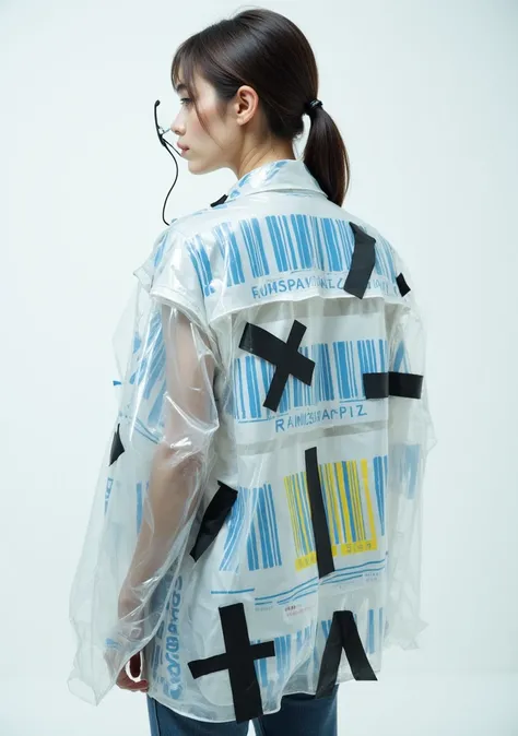 A girl is wearing an oversized, transparent plastic jacket with blue and yellow Japanese barcode prints. Black tape is stuck on the at different angles. The background is white, and a large number of signs protrude from behind back. A pair of safety glasse...