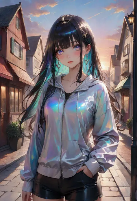 Long smooth straight black hair, inner dark iridescent hair, iridescent eyes,hourglass figure,standing in a town in a beautiful sunset with casual clothes. masterpiece, super detail,detailed eyes, best quality, 8k,realistic