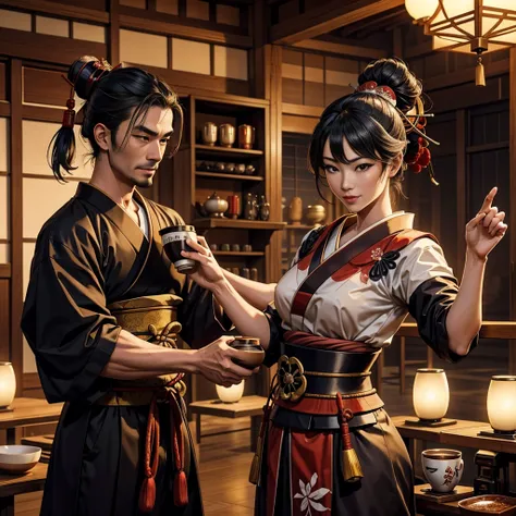 samurai man and a happy geisha, dancing, japonense ambience with a antique coffee machine, and cups of hot coffe. hd