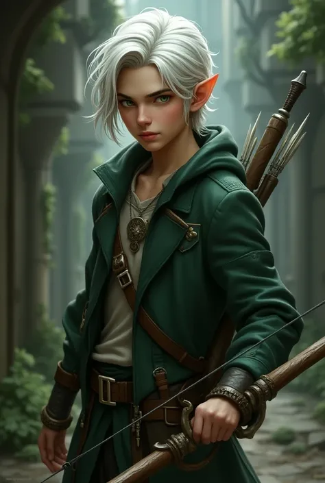 I want you to generate an image of a D character&D WITH the following traits , Being a man 

Long Elf Robber :
 Fair skin
Green eyes
White hair , 
Crossbow as a weapon
Stylish clothes
Young adult
Homem