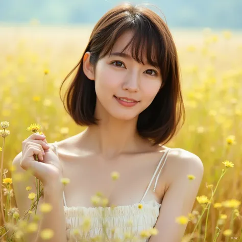 masterpiece、4K、top-quality、beautiful Korean women、detail portrayal、1 girl in、23years old、(sundress:1.1)、bob cuts、summer、countryside、depth of fields、cowboy  shot、smile