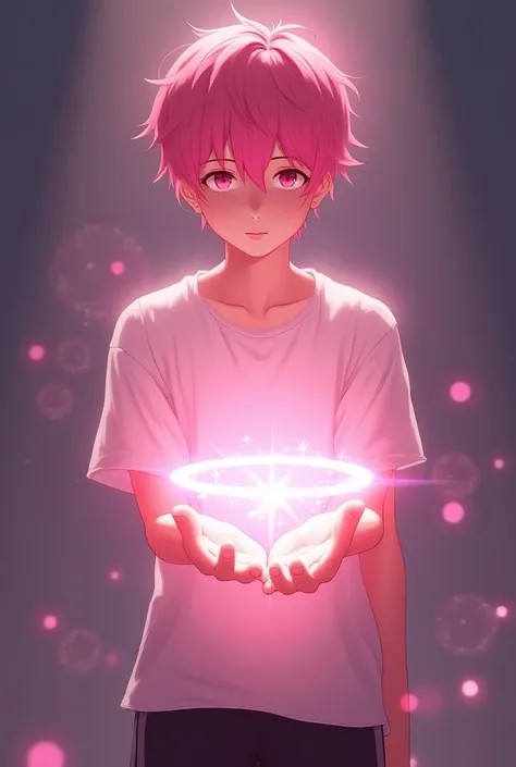  of a young pink haired man wearing a white shirt and black shorts,An image of a person holding a pink halo in his hand