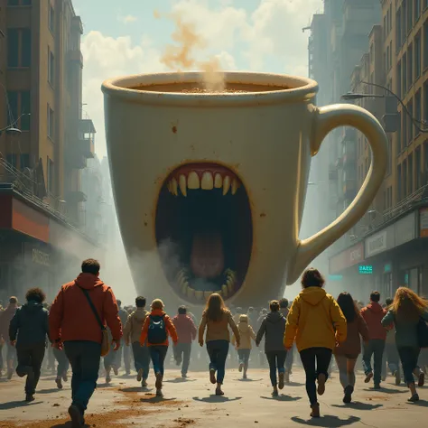 Humans run away from giant coffee