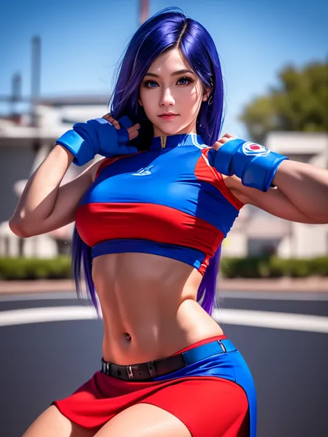 20 year old woman, alone, alone, athletic, sexy body, wears short red skirt, wears blue shorts under the skirt, wears red and blue top, wears blue exercise gloves that cover her entire forearm, long blue hair loose, wears blue sneakers, looks at the viewer...