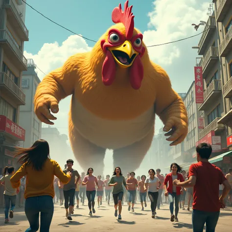 Humans run away from giant chicken nanban