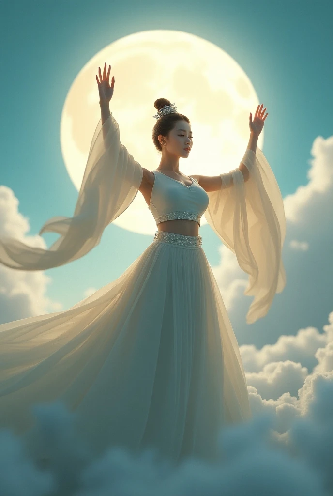  Beautiful Korean girl dancing on the clouds,  behind her is the bright moon , mythical costume ,  two hands held up ,  her double breasted ,  big and round boobs 