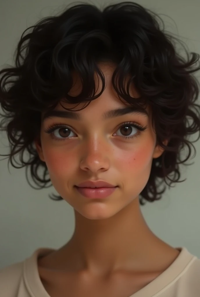 Girl with curly and short hair , Dark brown,  of medium and dark skin texture,  looking forward  