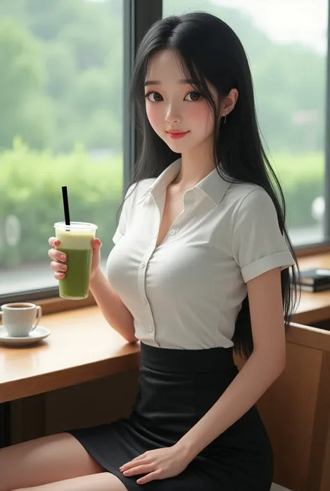 Low angle, eye level, full body, very realistic, very sharp, dynamic, masterpiece, beautiful Japanese woman, 20s, long straight black hair, pale skin, gigantic breasts, big firm butt, wearing office uniform, tight white short sleeve shirt, tight black very...