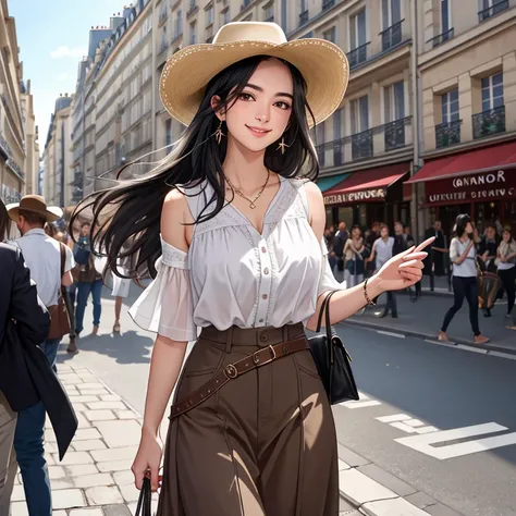 Masterpiece, superior quality, ultra-detailed, 8k drawing under CG unity, a woman looking directly at the observer, summer subject, a charmed and happy look, in the city center of paris, smiling, with long black hair and cowboy style.