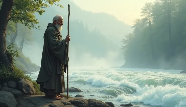 A weathered monk with serene eyes and flowing robes stands at the edge of a wide, rushing river. His walking staff is planted in the soft earth, and a tranquil forest stretches behind him. The morning mist rises from the water, giving the scene a dreamlike...