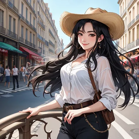 Masterpiece, superior quality, ultra-detailed, 8k drawing under CG unity, a woman looking directly at the observer, summer subject, a charmed and happy look, in the city center of paris, smiling, with long black hair and cowboy style.