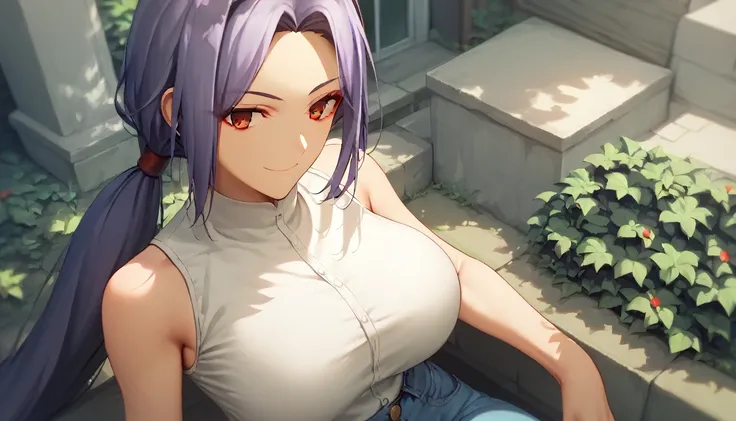  score_9,  score_8_up,  score_7_up, One Girl,smile, Hirokazu Koyama ,sexy, pixel perfect,Large Breasts,  anatomically correct,  masterpiece,Very sophisticated ,8k,Outdoor,(Fits the body, white shirt , sleeveless,denim),, Red eyes, ( Long Hair,  Purple Hair...