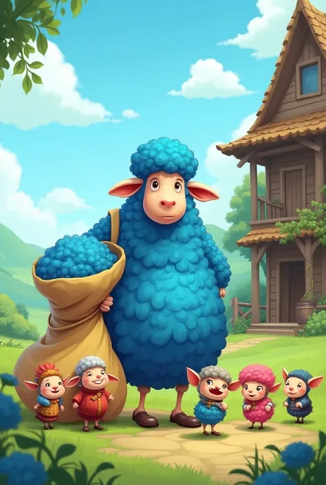 A cartoon farmhouse scene in which a blue  sheep is standing with a big bag full of   blue wool  and   five ren standing near happily 