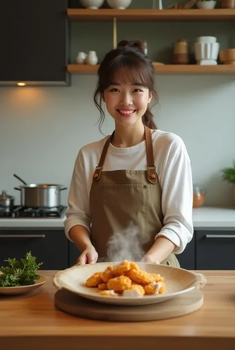 Arafaed woman, in a modern kitchen, with all the kitchen utensils neatly arranged, dressed casually, wearing an apron, smiling, happy, making eye contact, frying snakehead fish, fried snakehead fish pieces on a steaming plate, crispy yellow fish meat looks...