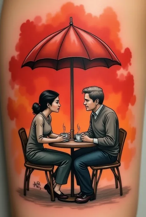  Give me a design for a tattoo , I dreamt about my mom and I  (I am a man)  we were having coffee on a small table, An umbrella covered us ,  and in the background there was a red sky .