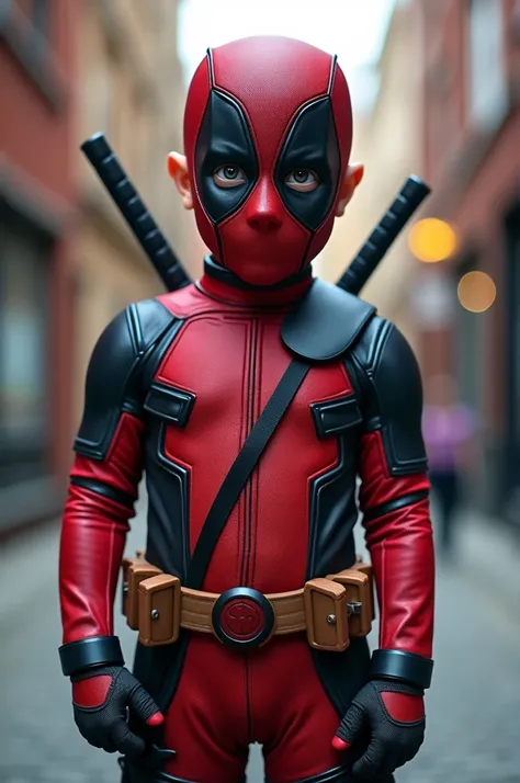 A real boy in a Deadpool costume