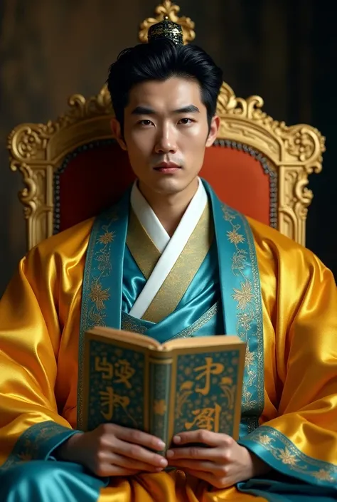 A hard cover book on a table with a image of a Handsome Korean Prince sits on his gold Emperor chair, smirking face and holding a king thrones 👑. Close up, eye level shot. Yellow and neon blue pallete. book cover. Gold embossed text tittled (" THE PRINCE")...