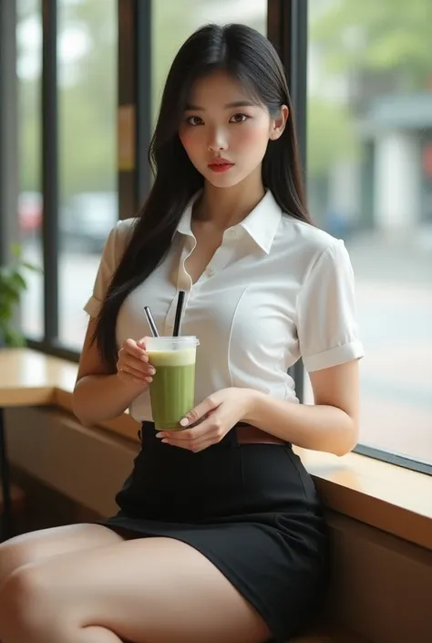 Low angle, eye level, full body, very realistic, very sharp, dynamic, masterpiece, beautiful Korean girl, 20s, long straight black hair, pale skin, gigantic breasts, big firm butt, wearing office uniform, tight white short sleeve shirt, tight black very sh...