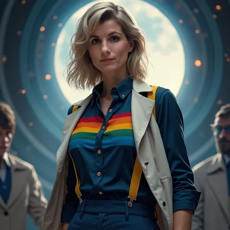 Create a high quality cinematic image of the 13th Doctor from Doctor Who series. She is Caucasian, blonde neck length hair, dark blue shirt with a rainbow stripes on the chest, yellow suspenders, blue three quarters pants and a white overcoat. Stoic pose a...