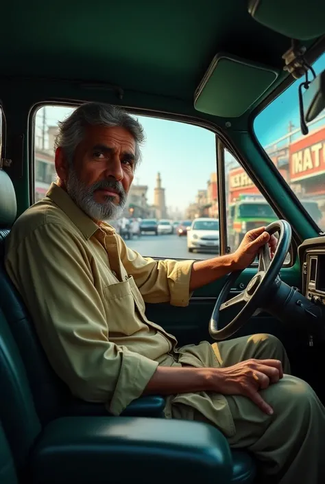 Taxi driver in Pakistan . With or wife out side the car