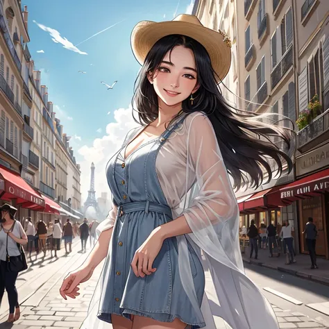 Masterpiece, superior quality, ultra-detailed, 8k drawing under CG unity, a woman looking directly at the observer, summer subject, a charmed and happy look, in the city center of paris, smiling, with long black hair and cowboy style.