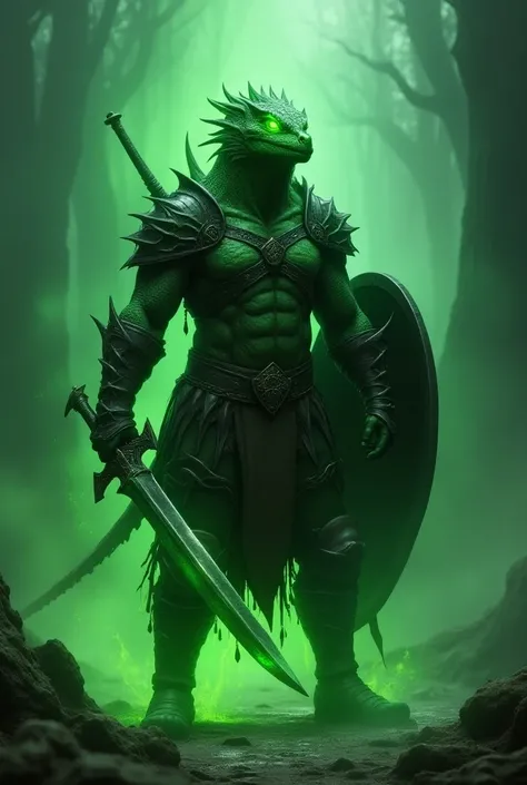 Green dragonborn hexblade warlock, green magic, wielding a longsword and a shield wearing leather armor