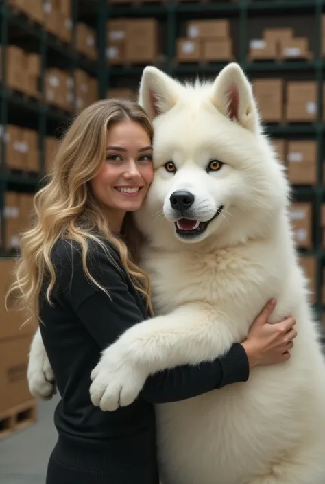 A woman smiling while holding an oversized, fluffy white wolf in her arms, set in a warehouse with shelves and cardboard boxes in the background. The wolfs face is highly realistic, with detailed fur texture, sharp, expressive eyes, and a natural snout, re...