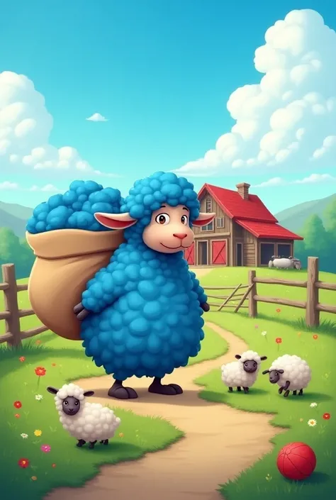 A cartoon farmhouse scene a blue  sheep is standing     with a big bag full of   blue wool  ,some  s are playing with a ball 