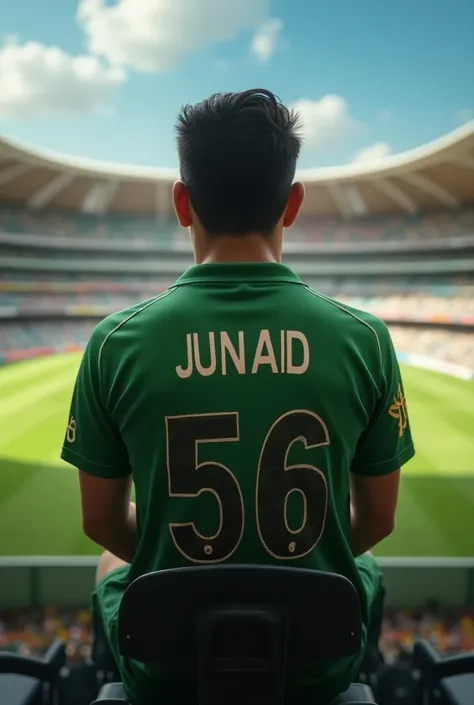 
18 year old boy sitting on chair in stadium wearing pakistani cricket jersey name on jersey is Junaid and number is 56 looking towards stadium with pakistani flag on back of jersey  boy looking forward pakistani flag on back 