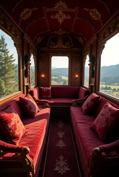 Interior of a luxury carriage in a horse-drawn carriage。 in a luxurious carriage of horse-drawn carriages。 medieval Europe 。