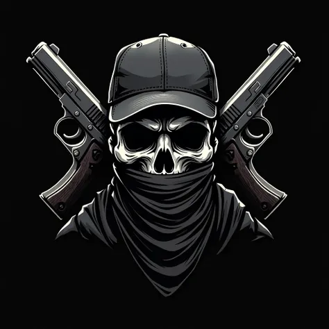 Logo with skull black baseball cap masked with bandana and two pistols crossed in the background 