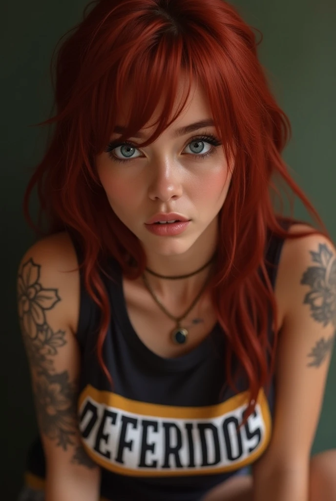 A beautiful one,   full body  ,realistic,tanned Latin woman with blue eyes , shiny skin,  very long and smooth RED hair with  , with bangs,  light and shiny lips , piercings,  tattoos and long eyelashes ,  wearing a sleeveless t-shirt that says DEFERIDOS2 ...