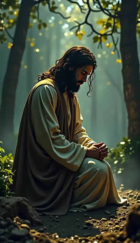 In the eerie silence of the garden, Jesus knelt alone, his heart heavy with the weight of betrayal.