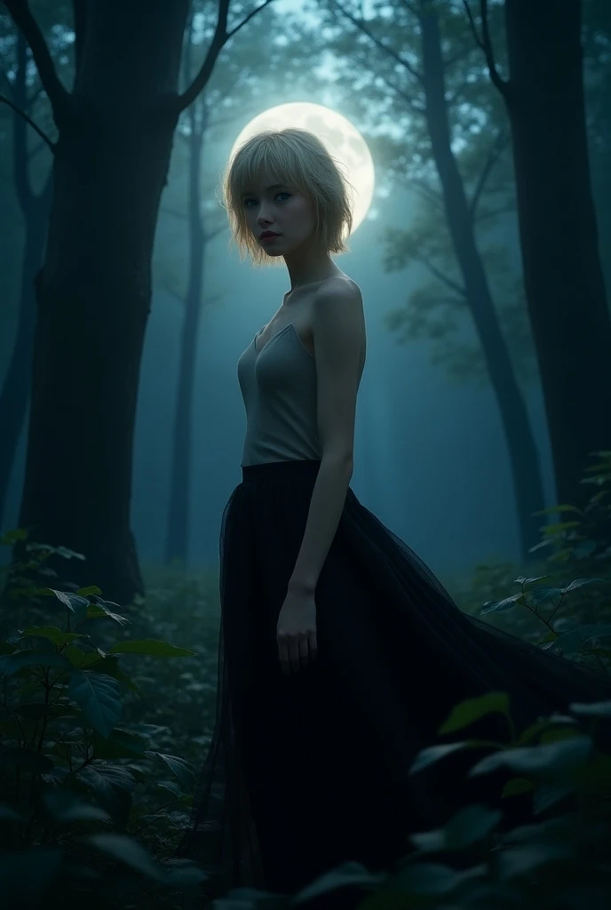 Adult woman with short blond hair and blue eyes with delicate features in the middle of the forest at night wearing a black skirt