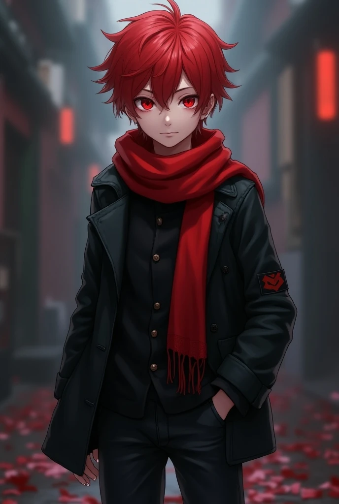 19-year-old boy,Vermilion Hair,Red eyes,black closed coat,Black Jeans,Red Scarf,Anime