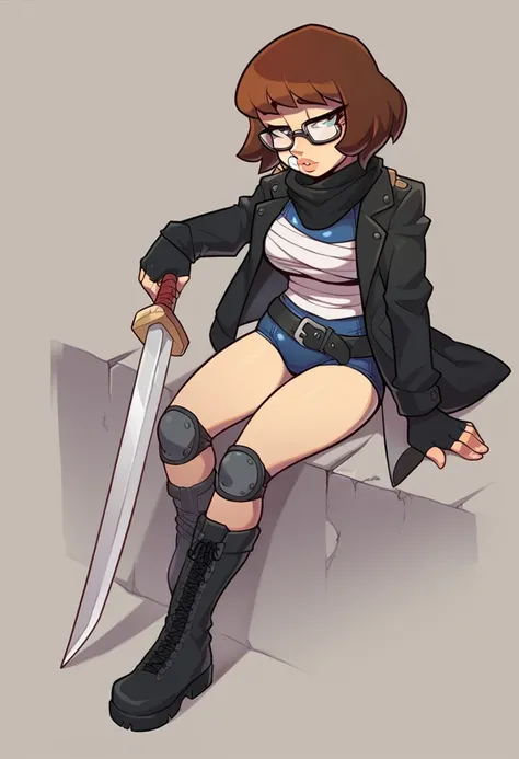 Sexy girl, Bob hair, curvy, Brown hair, glasses, lips, half closed eyes, faint face, perfect legs, in abandoned city, schoolar swimsuit, belt, boots, sword in hand, fingerless gloves, knee pads, black scarf. Black jacket, bandages