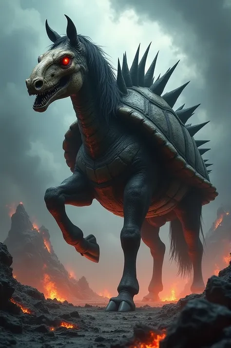 A terrifying hybrid creature stands in the center of a dark, storm-ravaged landscape. Its body combines the massive shell of a turtle, with jagged, sharp spikes protruding from it, and the muscular, elongated legs of a horse. Its head features a disturbing...