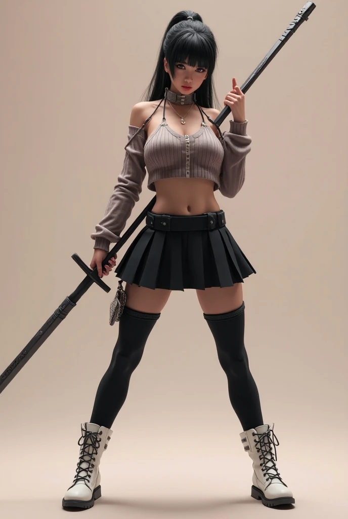 work of art, best qualityer, super rendering, super realistico, Highly detailed face, Clean and delicate face, all-body, Squat and wield a long sword, cyberpunk girl in seductive pose, Wearing a sweater and a pleated miniskirt, ass naked, legs spread open,...