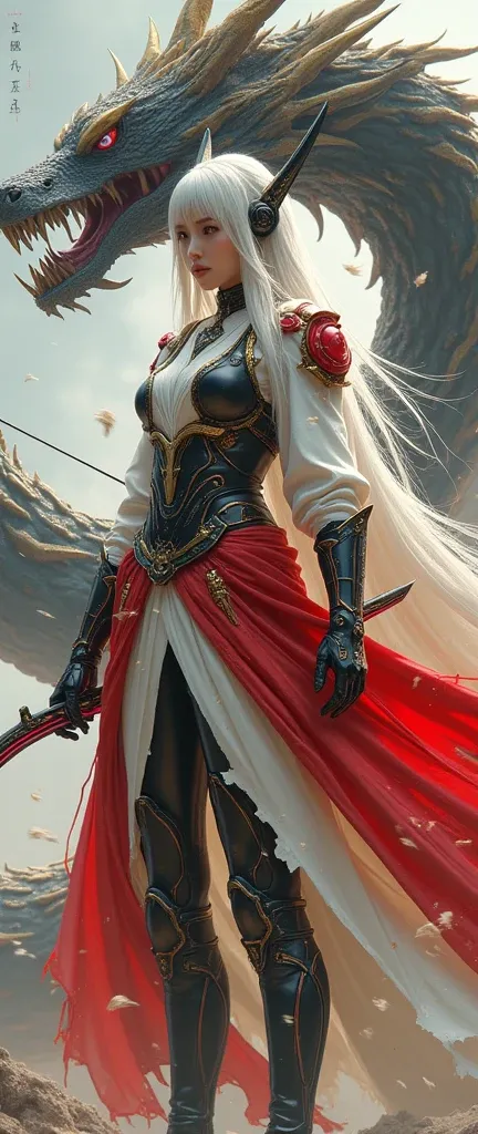 portrait of A woman archer with long white hair, pointed headset, mecha pants and neon high boots. wears an elaborate red and white outfit with golden accents, combining armor and flowing torn fabric. sharp-edged glow bow, ready for action burst. stands in...