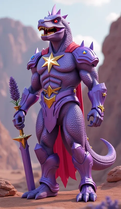 Generate an Ultra HDR 3D render of a powerful superhero fused with a dinosaur and elements of a lavender-scented product. The character wears sleek, metallic lavender and red armor, with star patterns inspired by the product design, and a glowing golden em...