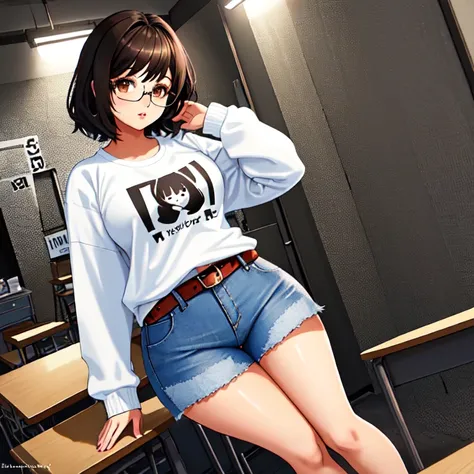 A cute  petite short skinny wide hips emo girl, short wild volumetric hair, one wearing glasses, beautiful detailed brown eyes, cutely detailed lips, extremely cute detailed eyes and face, wide curvy pearshaped hips, thick thighs, long sleeve t-shirt tucke...