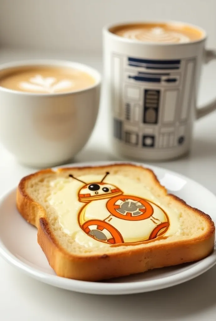 There is a slice of toasted bread on a white plate.
On the bread is a cute illustration of BB-8 in butter.
A coffee mug is in the background. Cute R-2B2 drawn in latte art.