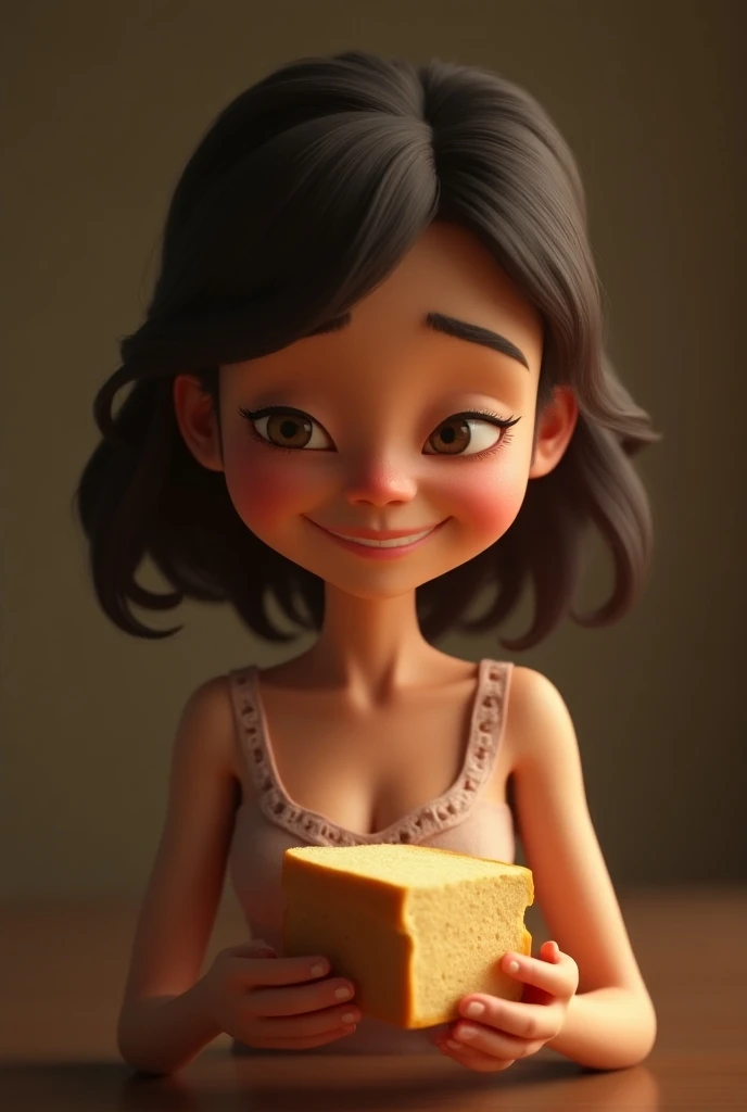 3D Animation、 woman who keeps a slice of bread to herself and smiles、mean and greedy 、 depicts the ugliness of a vile woman 、8k Quality