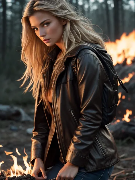 An ultra hot gorgeous European woman, age 23. She’s a playmate and men magazine supermodel. Long wavy blond hair, messy wind blown hair, Full body, sitting by a campfire, wearing brown leather coat, dark blue jeans, (extremely detailed 8k wallpaper), mood ...