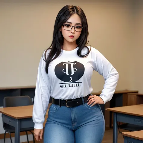 A cute  petite short skinny fat wide hips emo girl, short wild volumetric hair, one wearing glasses, beautiful detailed brown eyes, cutely detailed lips, extremely cute detailed eyes and face, wide curvy pearshaped hips, thick thighs, long sleeve t-shirt t...