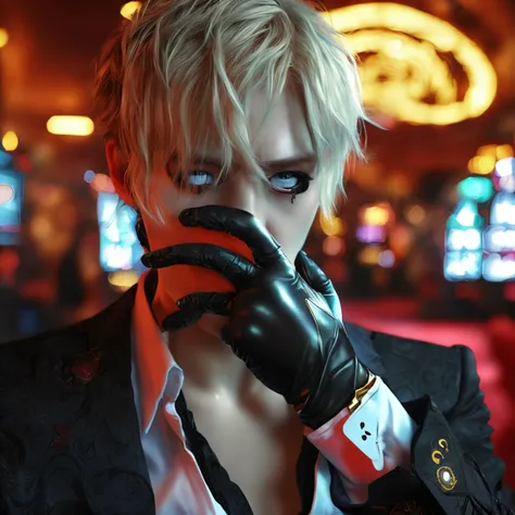 ((Best quality, 8K, Masterpiece: 1.4)),((Amazing detail: 1.3)),((illustration: 1.2)),((high resolution: 1.1)),1 man,Cover your face with 1 playing card,Wear black gloves,One eye is exposed,Eyes glow,Anime style,wear suit,casino background,Delicate,Combat p...