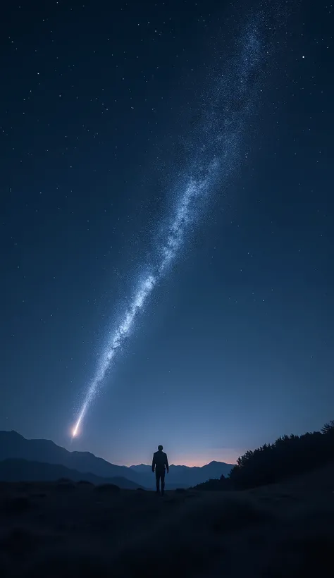 As the camera zooms out from the galaxy, the screen begins to fill with a slow-motion shooting star that crosses the night sky, signaling the transition to the closing scene.