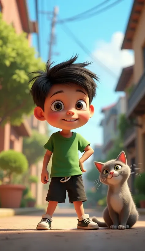 Introduction of Cat:
"Chiku was a mischievous boy who always claimed to his friends and cat  that he wasnt afraid of ghosts." " 3D pixar style cat cub.  Green t-shirt and black shorts 